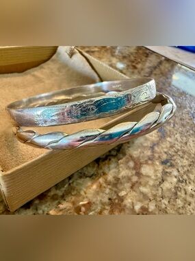 Vintage Mexico 925 Sterling Silver Bangle Lot (2) - Large 8.25” Stacking Set